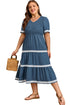 V Neck Swiss Dot Smocked Patchwork Midi Dress