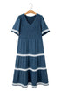V Neck Swiss Dot Smocked Patchwork Midi Dress