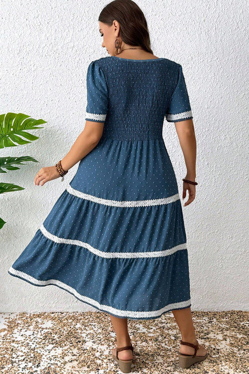 V Neck Swiss Dot Smocked Patchwork Midi Dress
