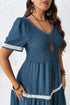 V Neck Swiss Dot Smocked Patchwork Midi Dress