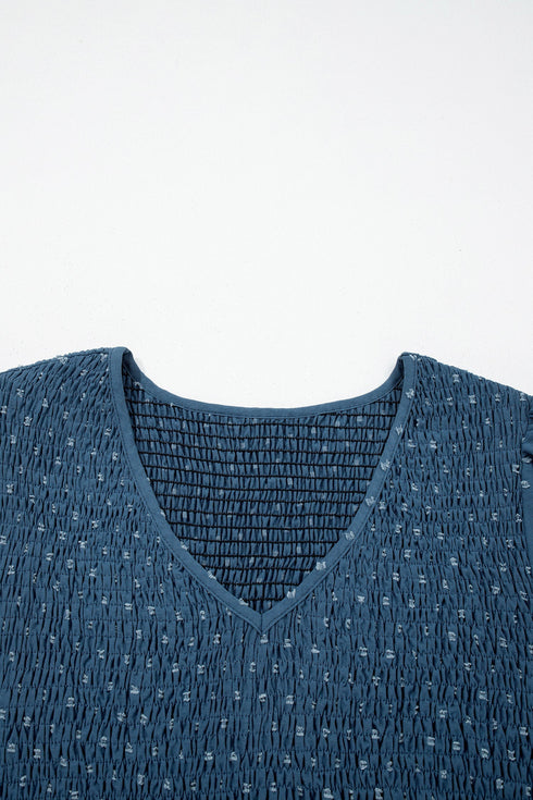 V Neck Swiss Dot Smocked Patchwork Midi Dress