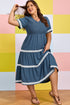 V Neck Swiss Dot Smocked Patchwork Midi Dress