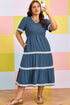 V Neck Swiss Dot Smocked Patchwork Midi Dress