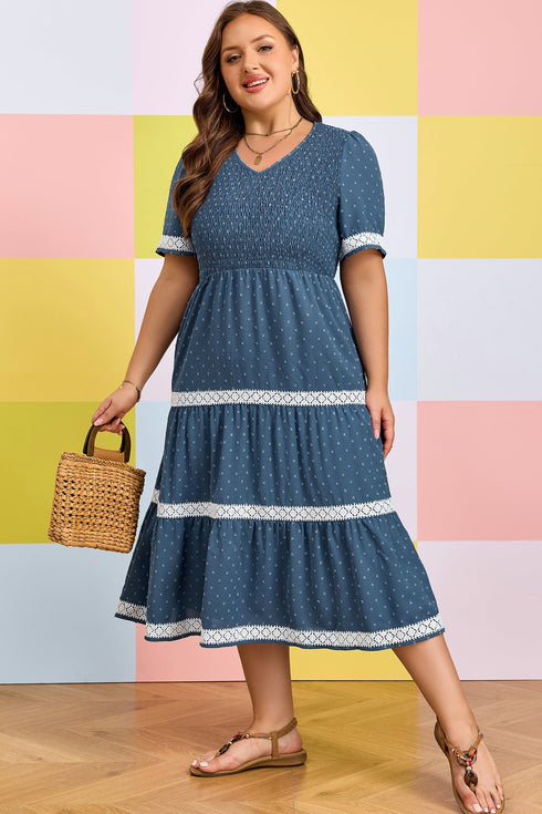 V Neck Swiss Dot Smocked Patchwork Midi Dress