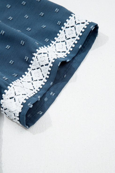 V Neck Swiss Dot Smocked Patchwork Midi Dress