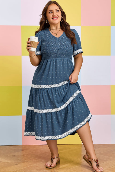 V Neck Swiss Dot Smocked Patchwork Midi Dress