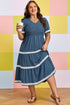 V Neck Swiss Dot Smocked Patchwork Midi Dress