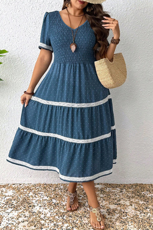V Neck Swiss Dot Smocked Patchwork Midi Dress