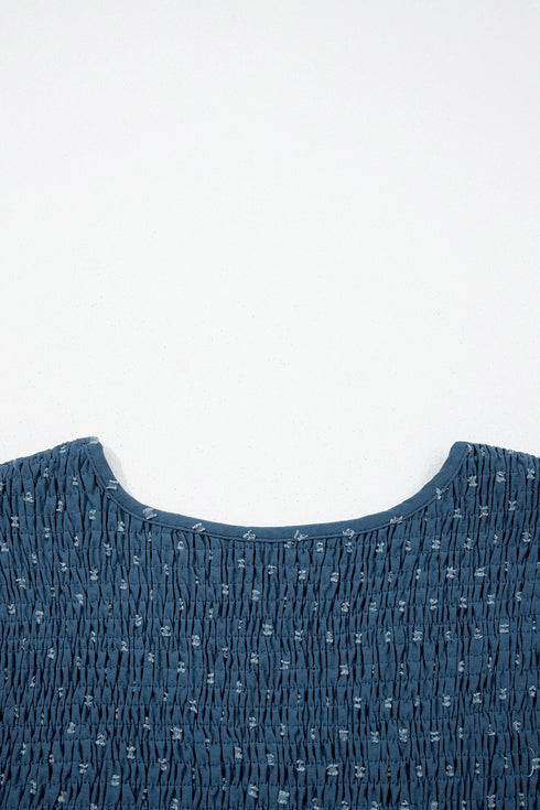V Neck Swiss Dot Smocked Patchwork Midi Dress