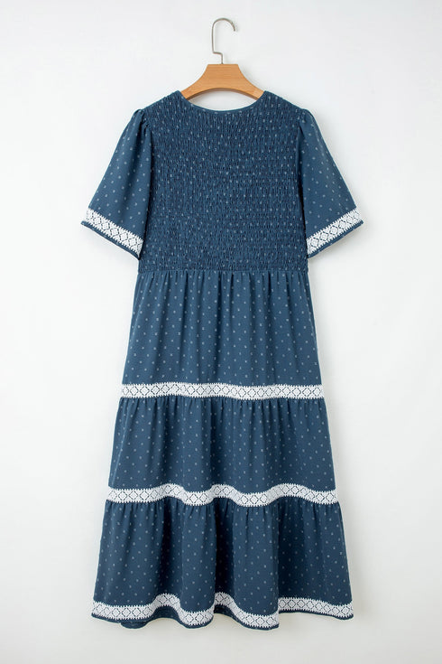 V Neck Swiss Dot Smocked Patchwork Midi Dress