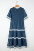 V Neck Swiss Dot Smocked Patchwork Midi Dress