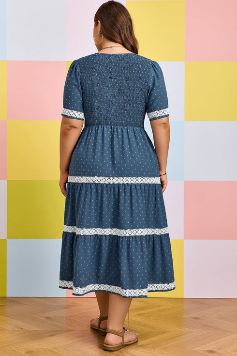 V Neck Swiss Dot Smocked Patchwork Midi Dress