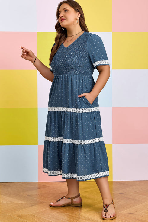 V Neck Swiss Dot Smocked Patchwork Midi Dress