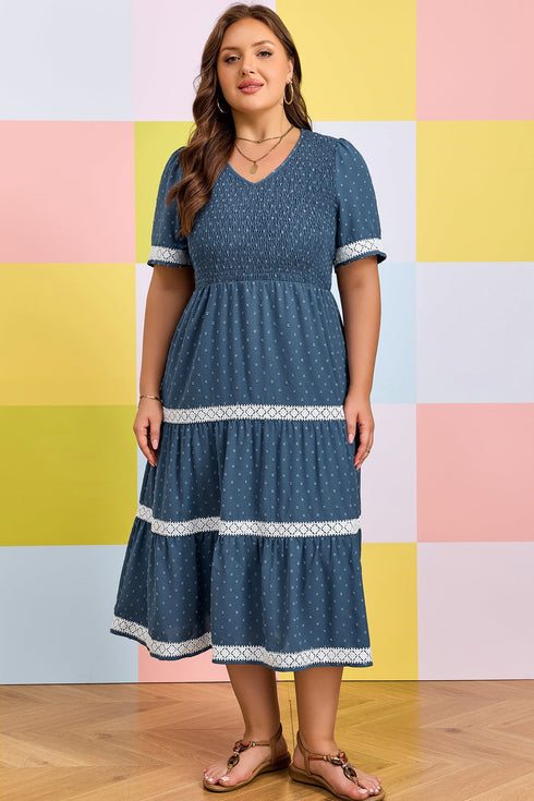 V Neck Swiss Dot Smocked Patchwork Midi Dress