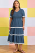V Neck Swiss Dot Smocked Patchwork Midi Dress