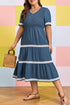 V Neck Swiss Dot Smocked Patchwork Midi Dress