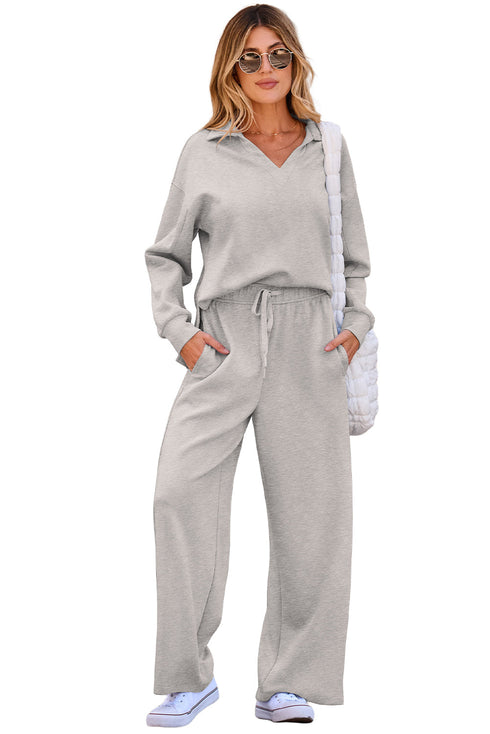 V Neck Top High Waist Pants Coordinated Two Piece Set