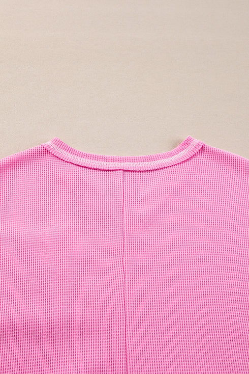 V Neck Waffle Knit Blouse With Floral Lace Sleeves