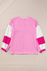 V Neck Waffle Knit Blouse With Floral Lace Sleeves