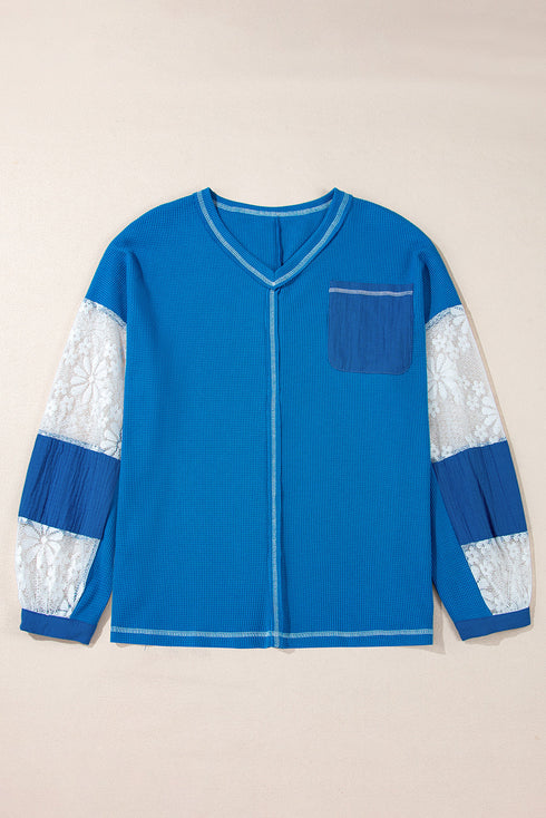 V Neck Waffle Knit Blouse With Floral Lace Sleeves