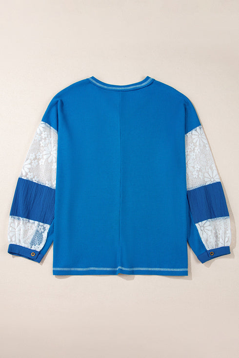 V Neck Waffle Knit Blouse With Floral Lace Sleeves