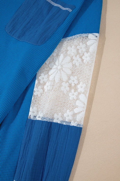 V Neck Waffle Knit Blouse With Floral Lace Sleeves