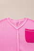 V Neck Waffle Knit Blouse With Floral Lace Sleeves
