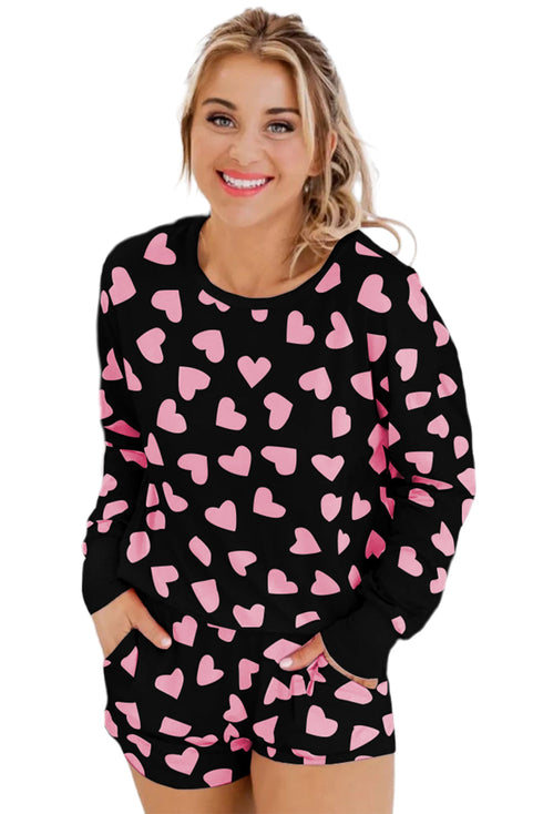 Valentine Heart Shape Print Long Sleeve Top Shorts Lounge Set