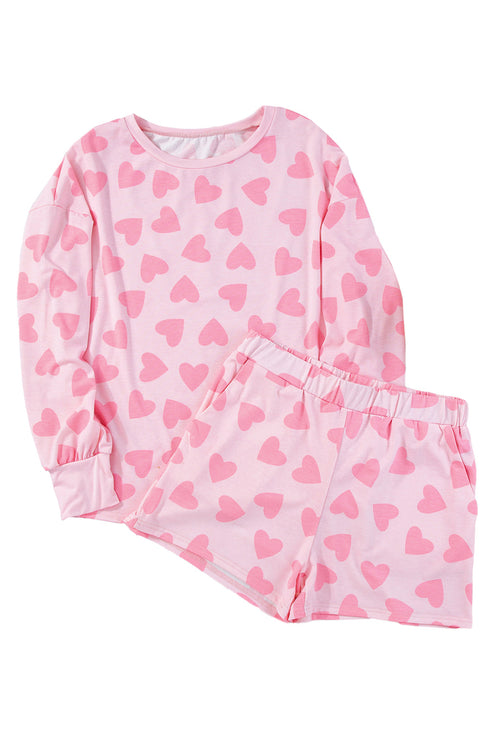 Valentine Heart Shape Print Long Sleeve Top Shorts Lounge Set