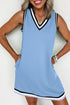 Varsity Game Day Striped Trim V Neck Sleeveless Mini Dress With Pockets