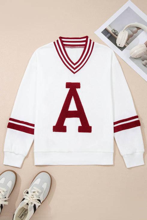 Varsity Graphic Striped V Neck Pullover Sweatshirt