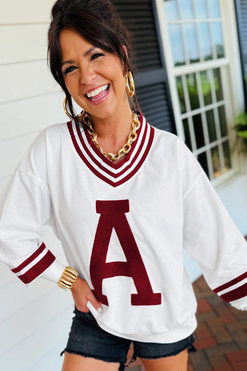 Varsity Graphic Striped V Neck Pullover Sweatshirt