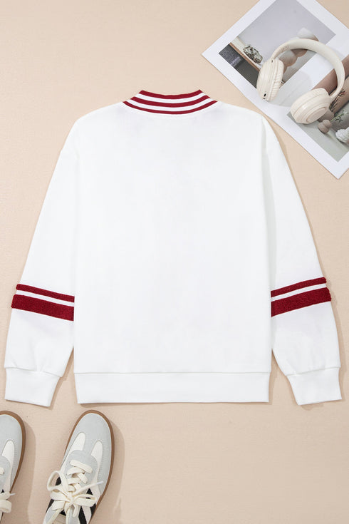 Varsity Graphic Striped V Neck Pullover Sweatshirt