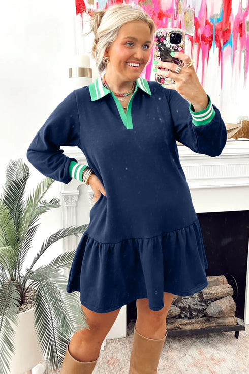 Varsity Polo Contrast Cuff Ruffle Hem Sweatshirt Dress