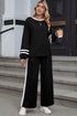 Varsity Stripe Contrast Collar Drop Shoulder Pullover And Drawstring Wide Leg Pant Set