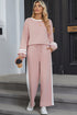 Varsity Stripe Contrast Collar Drop Shoulder Pullover And Drawstring Wide Leg Pant Set