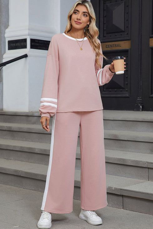 Varsity Stripe Contrast Collar Drop Shoulder Pullover And Drawstring Wide Leg Pant Set