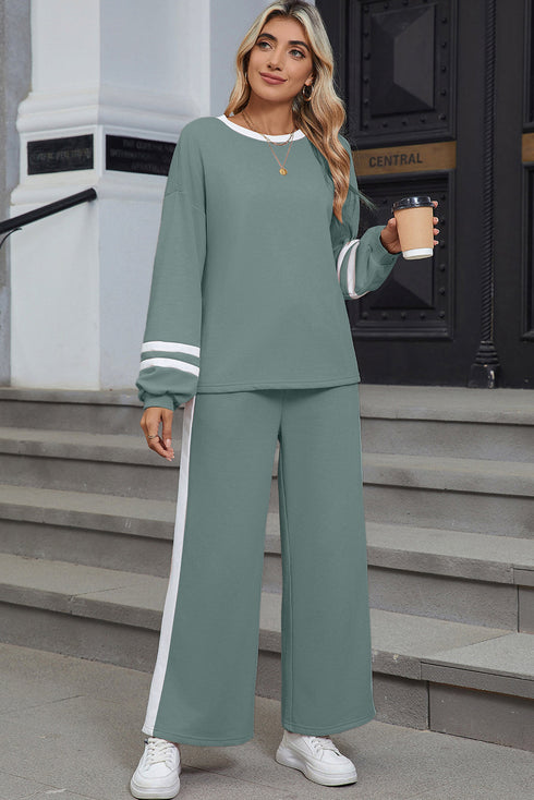 Varsity Stripe Contrast Collar Drop Shoulder Pullover And Drawstring Wide Leg Pant Set