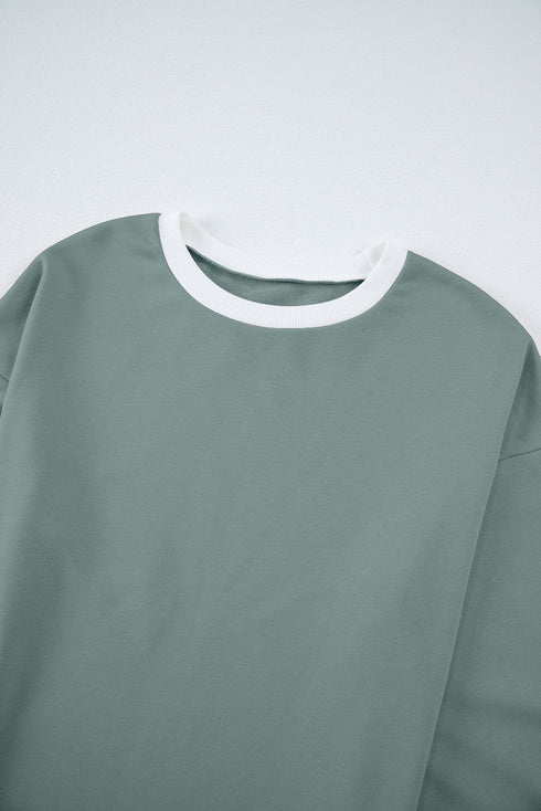 Varsity Stripe Contrast Collar Drop Shoulder Pullover And Drawstring Wide Leg Pant Set