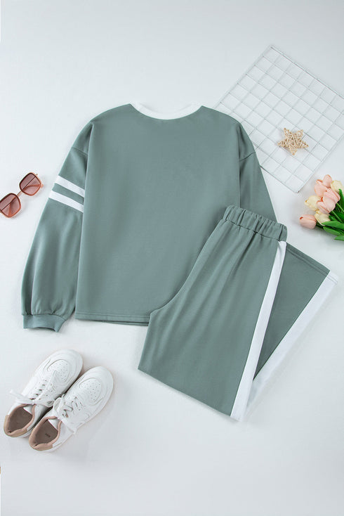 Varsity Stripe Contrast Collar Drop Shoulder Pullover And Drawstring Wide Leg Pant Set