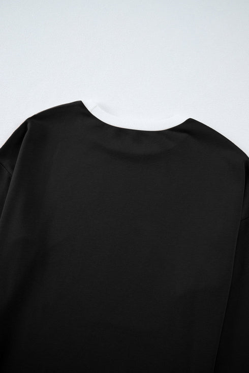 Varsity Stripe Contrast Collar Drop Shoulder Pullover And Drawstring Wide Leg Pant Set