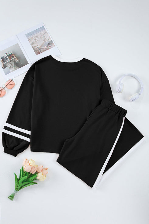 Varsity Stripe Contrast Collar Drop Shoulder Pullover And Drawstring Wide Leg Pant Set