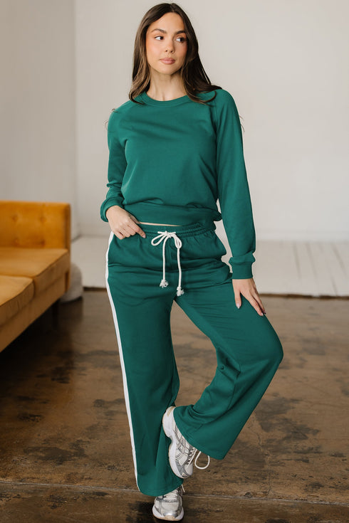 Varsity Stripe Contrast Trim Pullover Wide Leg Pant Set