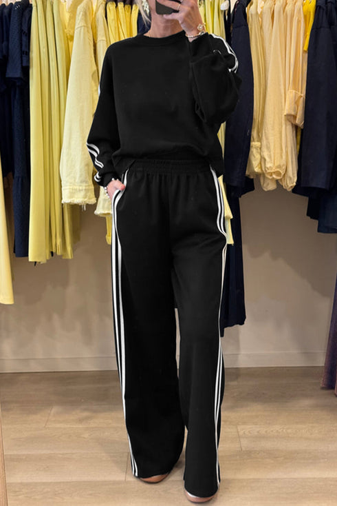 Varsity Stripe Drop Shoulder Crewneck Pullover And Wide Leg Sweatpants Set