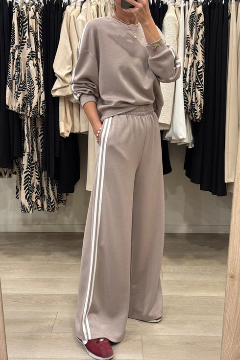 Varsity Stripe Drop Shoulder Crewneck Pullover And Wide Leg Sweatpants Set