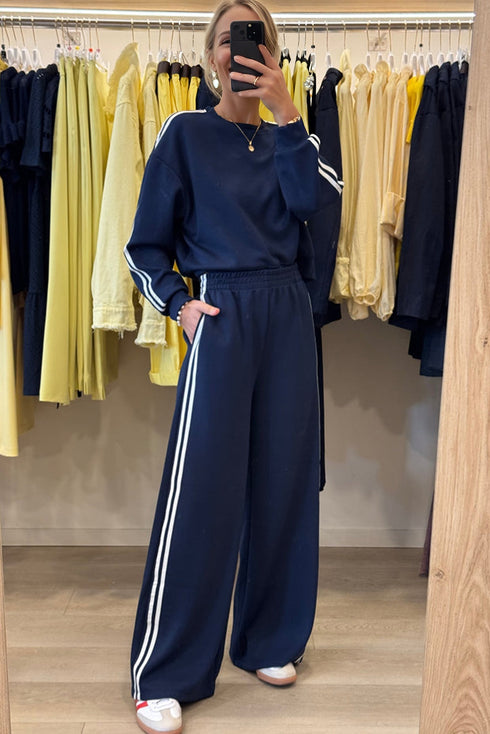 Varsity Stripe Drop Shoulder Crewneck Pullover And Wide Leg Sweatpants Set