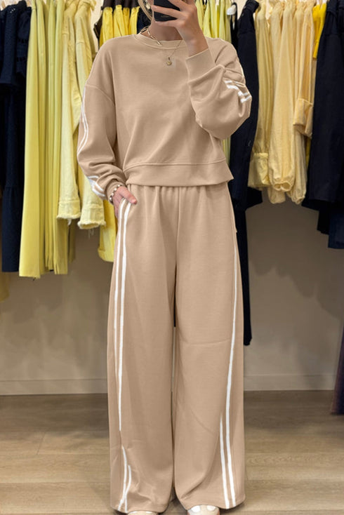 Varsity Stripe Drop Shoulder Crewneck Pullover And Wide Leg Sweatpants Set