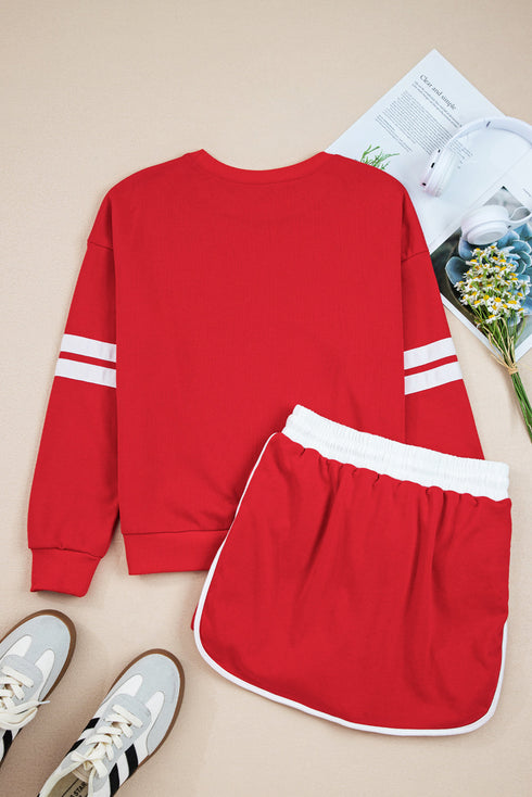 Varsity Stripe Drop Shoulder Pullover Drawstring Dolphin Hem Mini Skirt Set