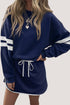 Varsity Stripe Drop Shoulder Pullover Drawstring Dolphin Hem Mini Skirt Set