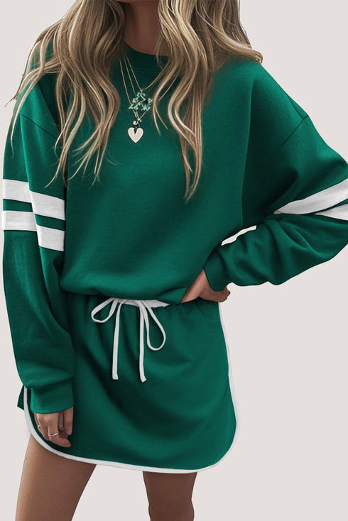 Varsity Stripe Drop Shoulder Pullover Drawstring Dolphin Hem Mini Skirt Set